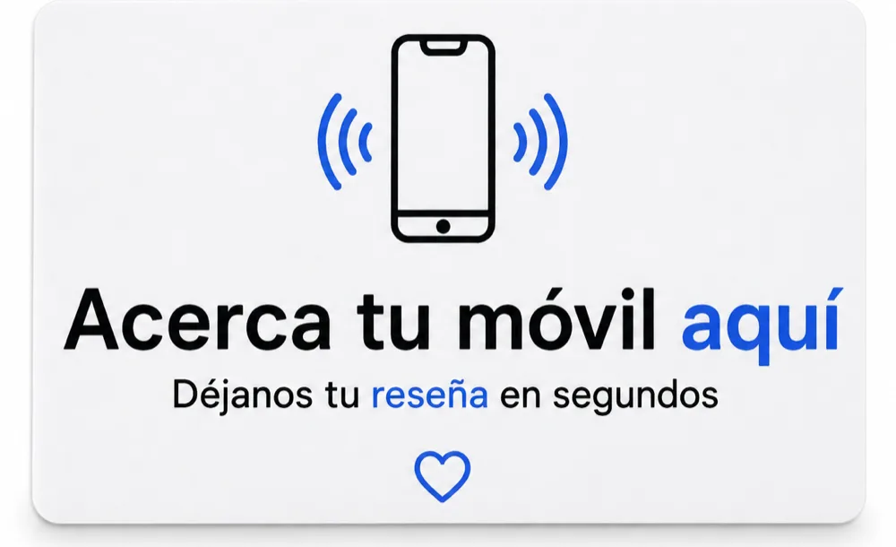 Tarjeta NFC con el texto «Acerca tu móvil aquí» en blanco y azul