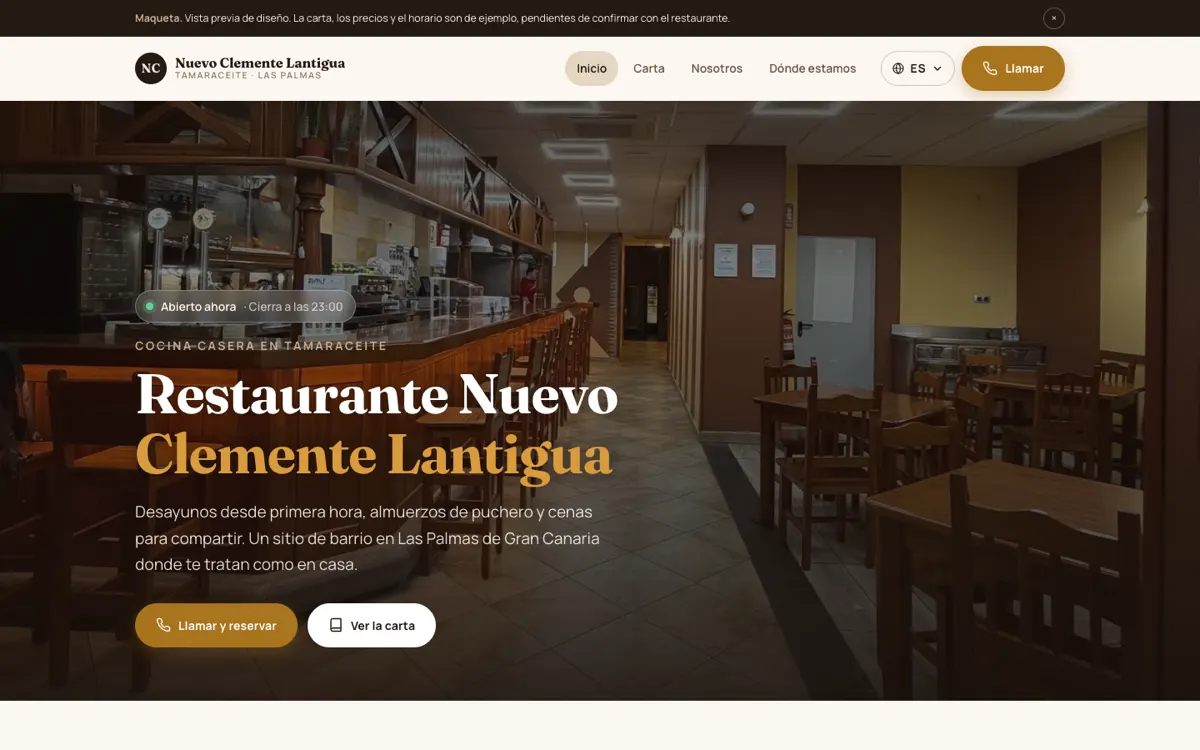 Vista previa de la web de un restaurante de cocina casera en Tamaraceite, Las Palmas