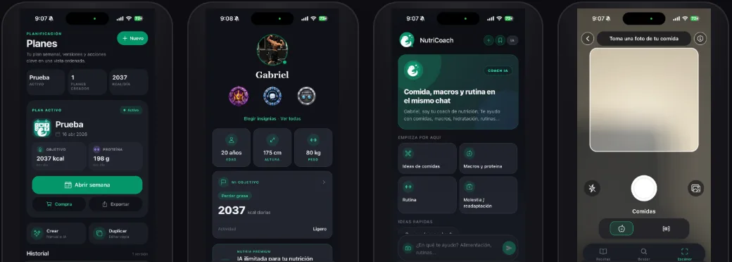 Cuatro pantallas de la app NutrIA: planes, perfil, coach con IA y escáner de comidas